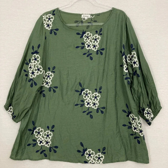 Kindred Green White Floral Embroidered Round Neck Pullover Blouse size 2X - Picture 1 of 10